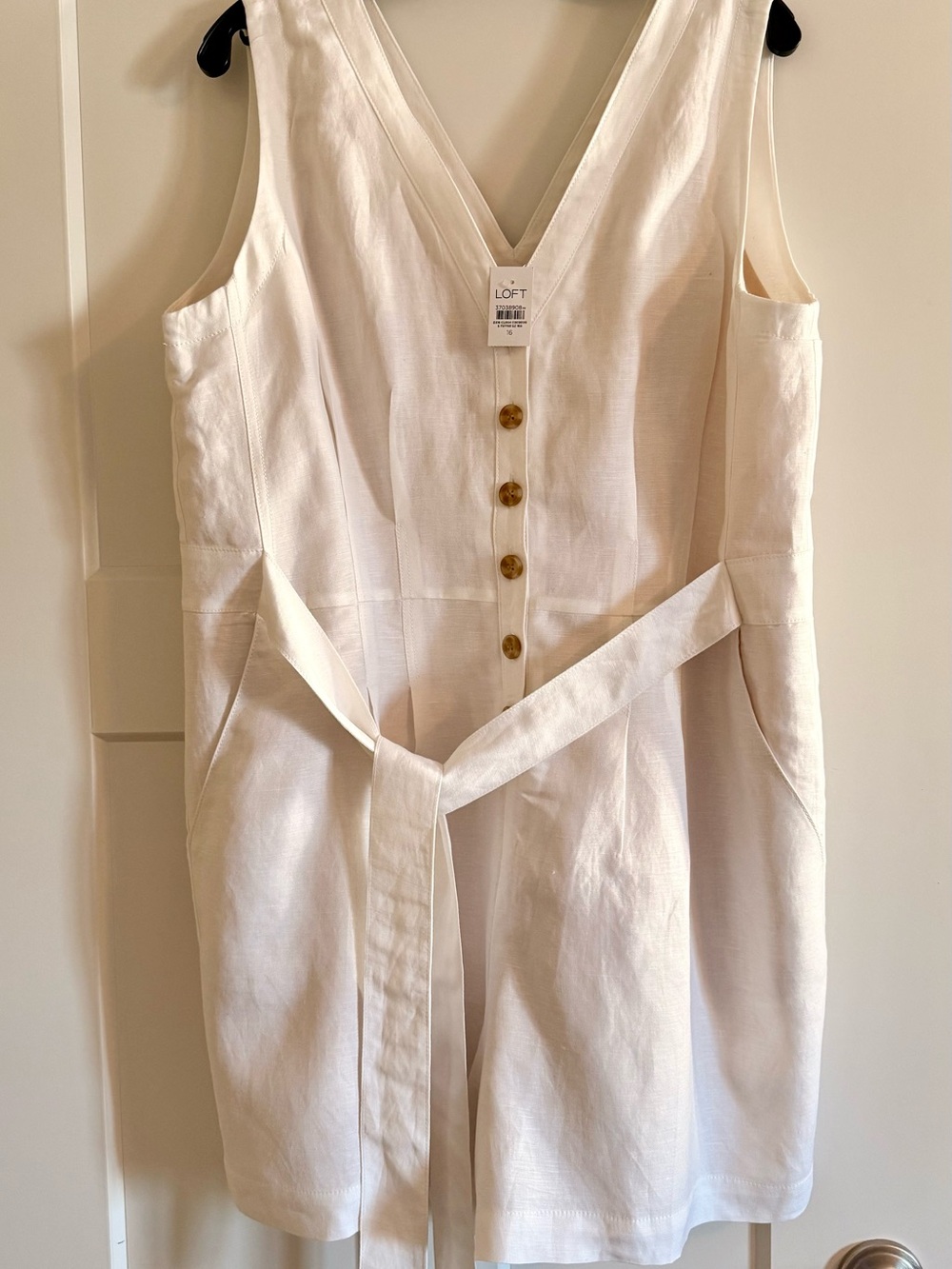 LOFT Cream V-Neck Button Romper with Waist Tie
